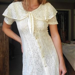 Vintage 80's White Lace Button Up Tea Length Dress